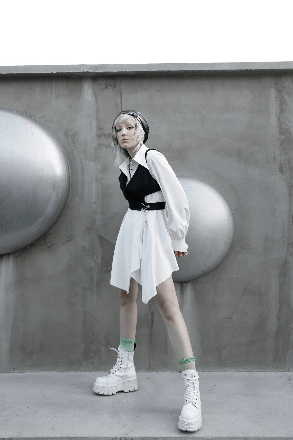 Punk Rave Gothic White Swallowtail Shirt Dress