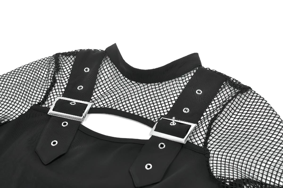 Punk Rock Black Fishnet Sleeved Top with Cutout and Straps
