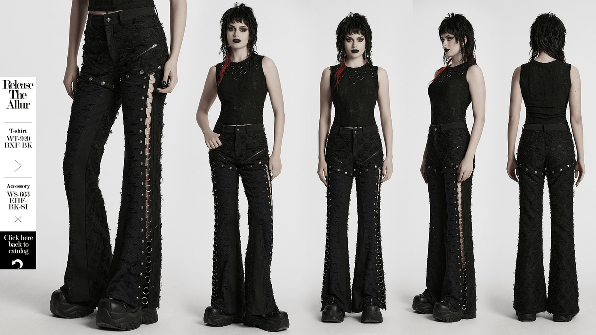 Punk Rose-Embellished Split Wide Leg Tattered Pants