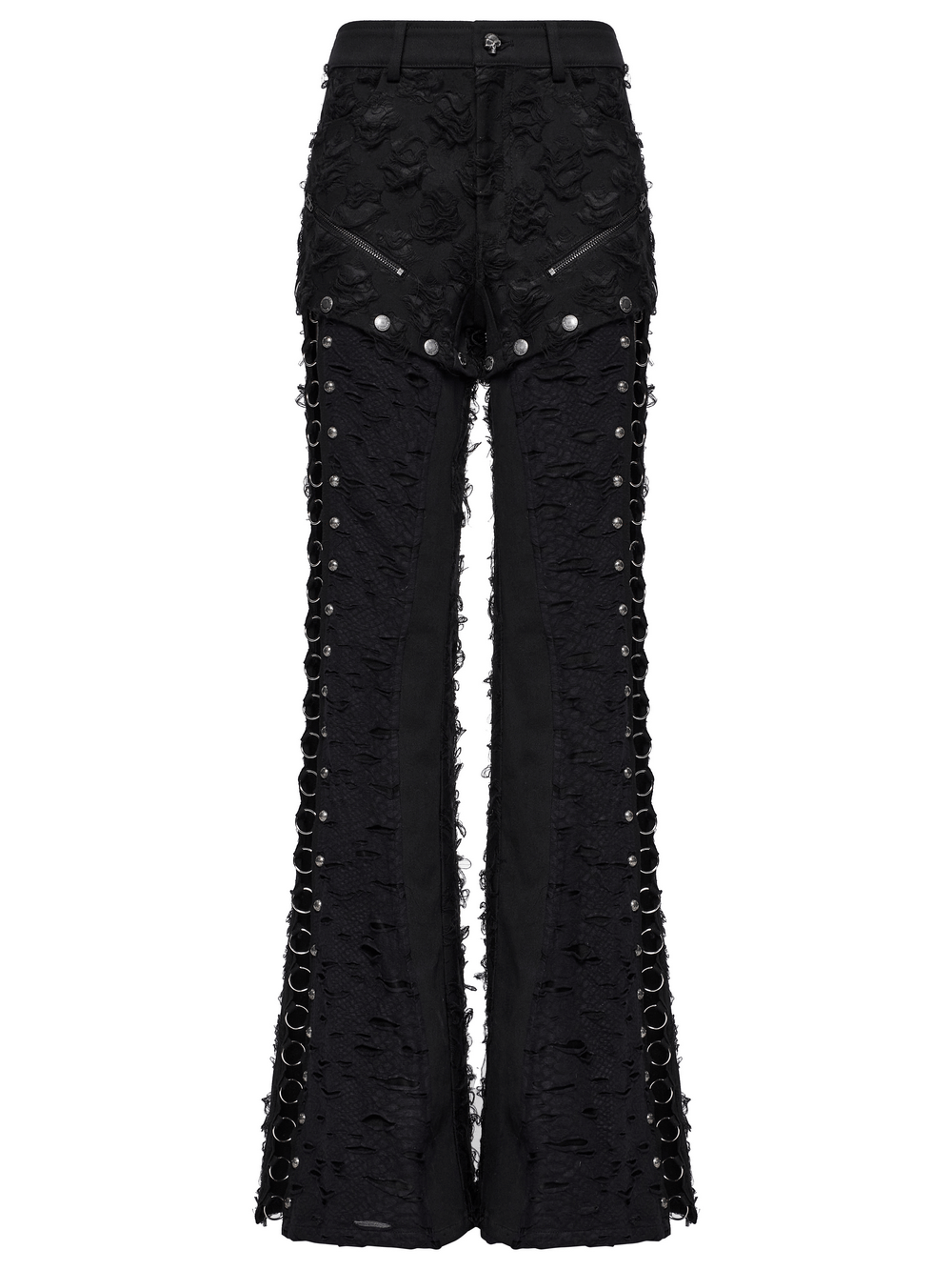 Punk Rose-Embellished Split Wide Leg Tattered Pants