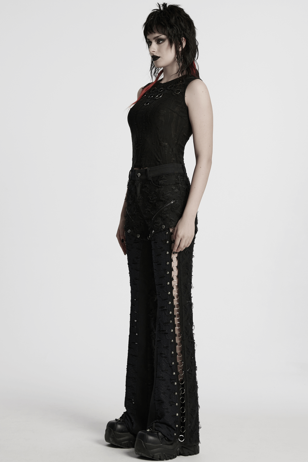 Punk Rose-Embellished Split Wide Leg Tattered Pants