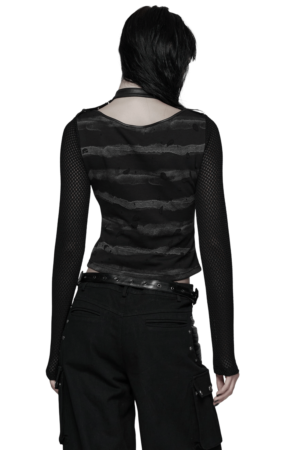 Punk Striped Mesh Top with Decorative Loop Collar