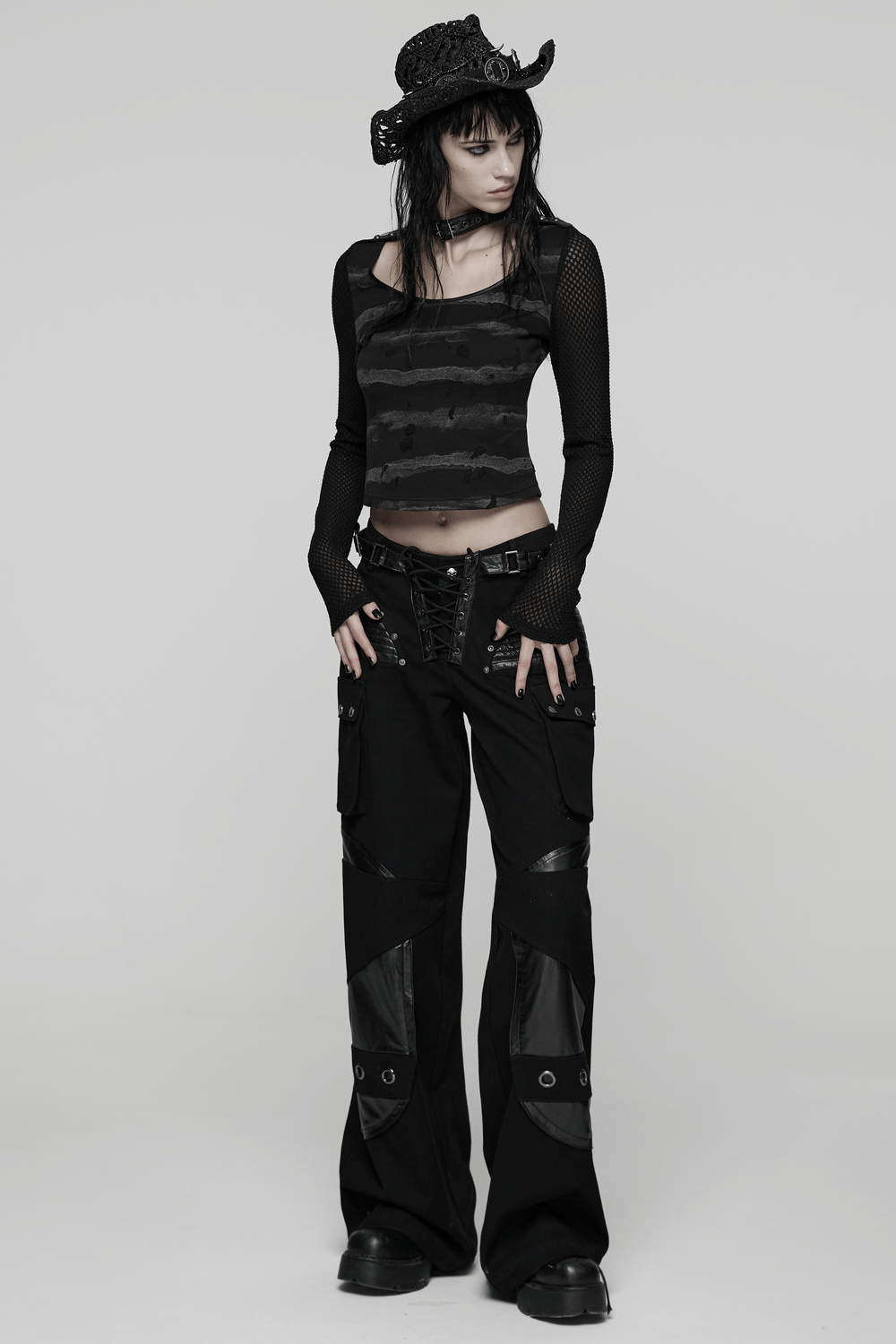 Punk Striped Mesh Top with Decorative Loop Collar