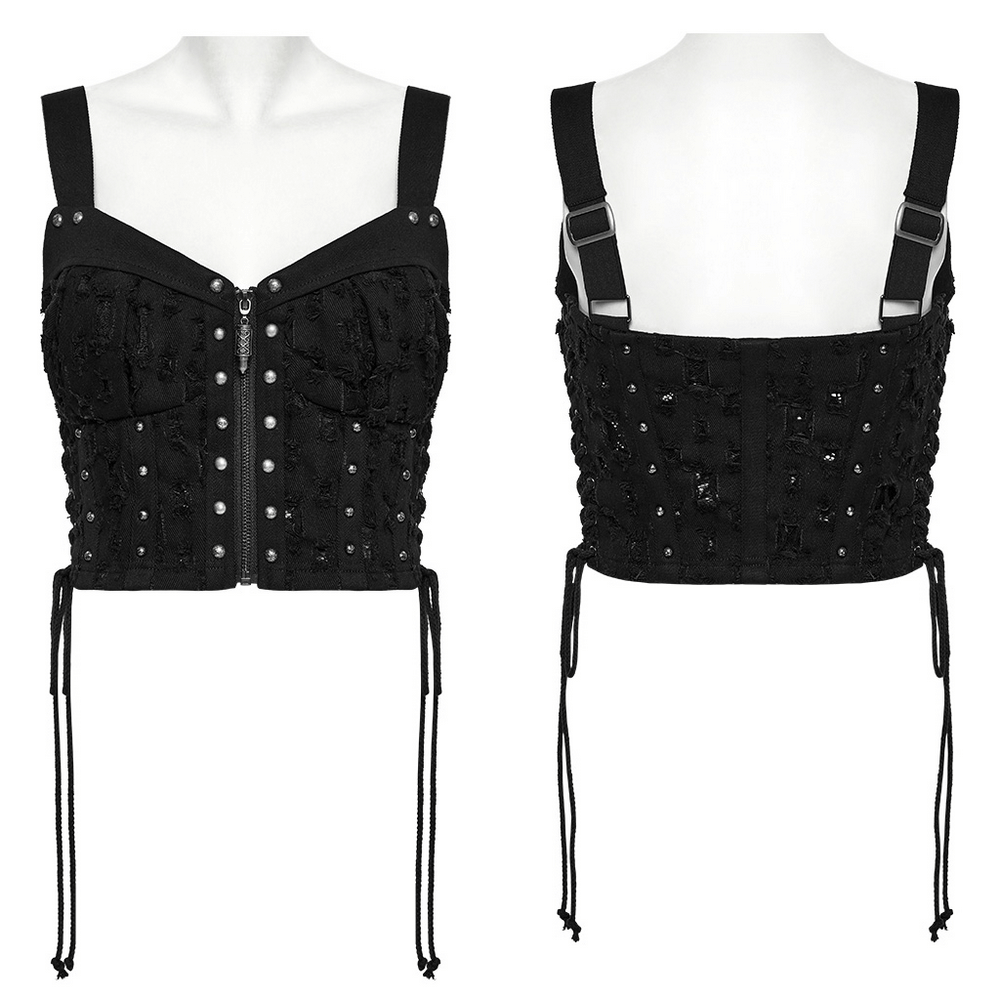 Punk Studded Denim Top with Adjustable Drawstrings