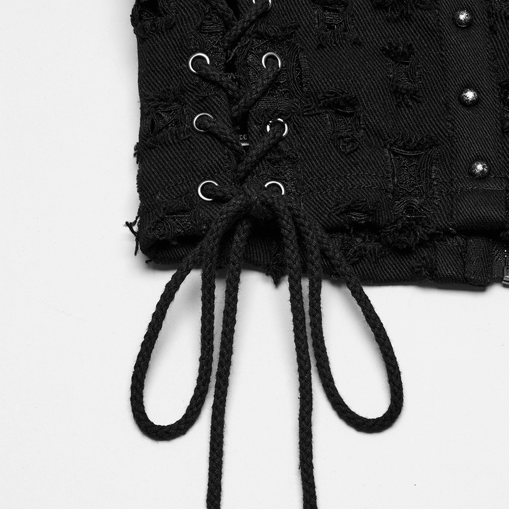 Punk Studded Denim Top with Adjustable Drawstrings