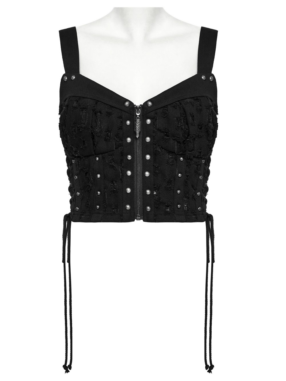 Punk Studded Denim Top with Adjustable Drawstrings