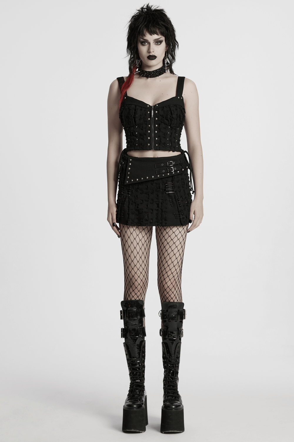 Punk Studded Denim Top with Adjustable Drawstrings