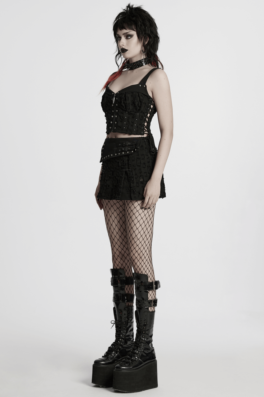 Punk Studded Denim Top with Adjustable Drawstrings
