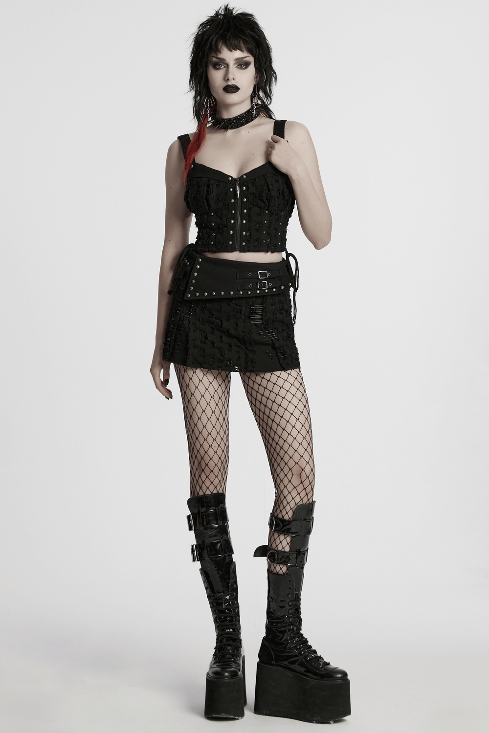 Punk Studded Denim Top with Adjustable Drawstrings