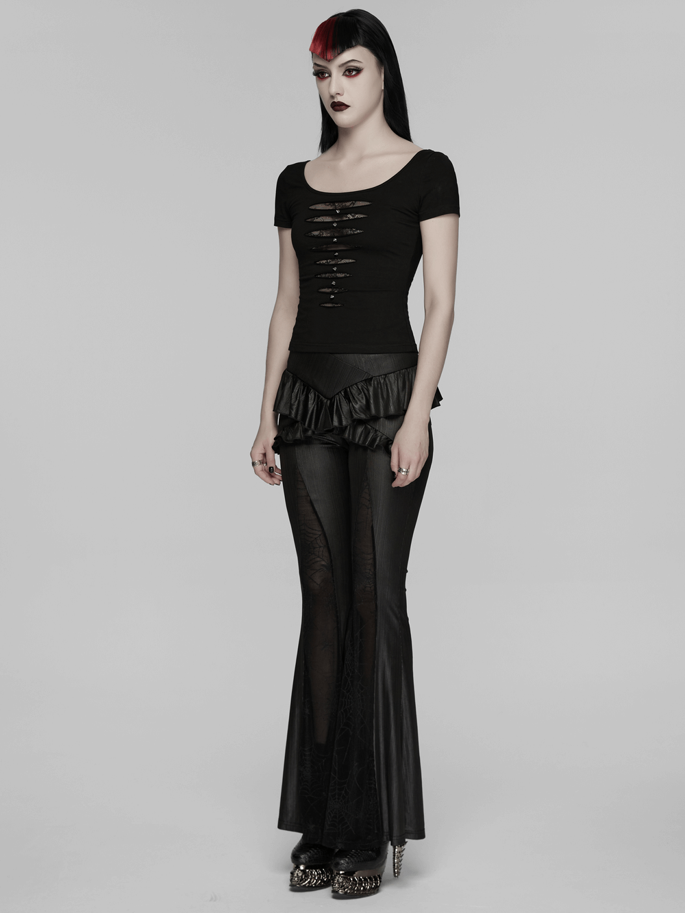 Punk Style Mesh Lace Cutout Short Sleeve T-shirt
