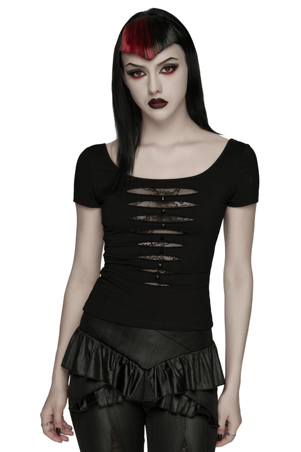 Punk Style Mesh Lace Cutout Short Sleeve T-shirt