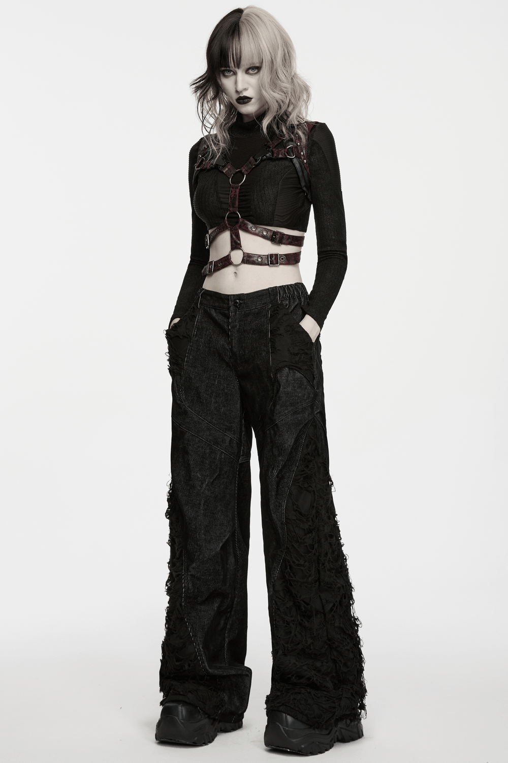 Punk Wide Leg Corduroy Pants with Shredded Mesh