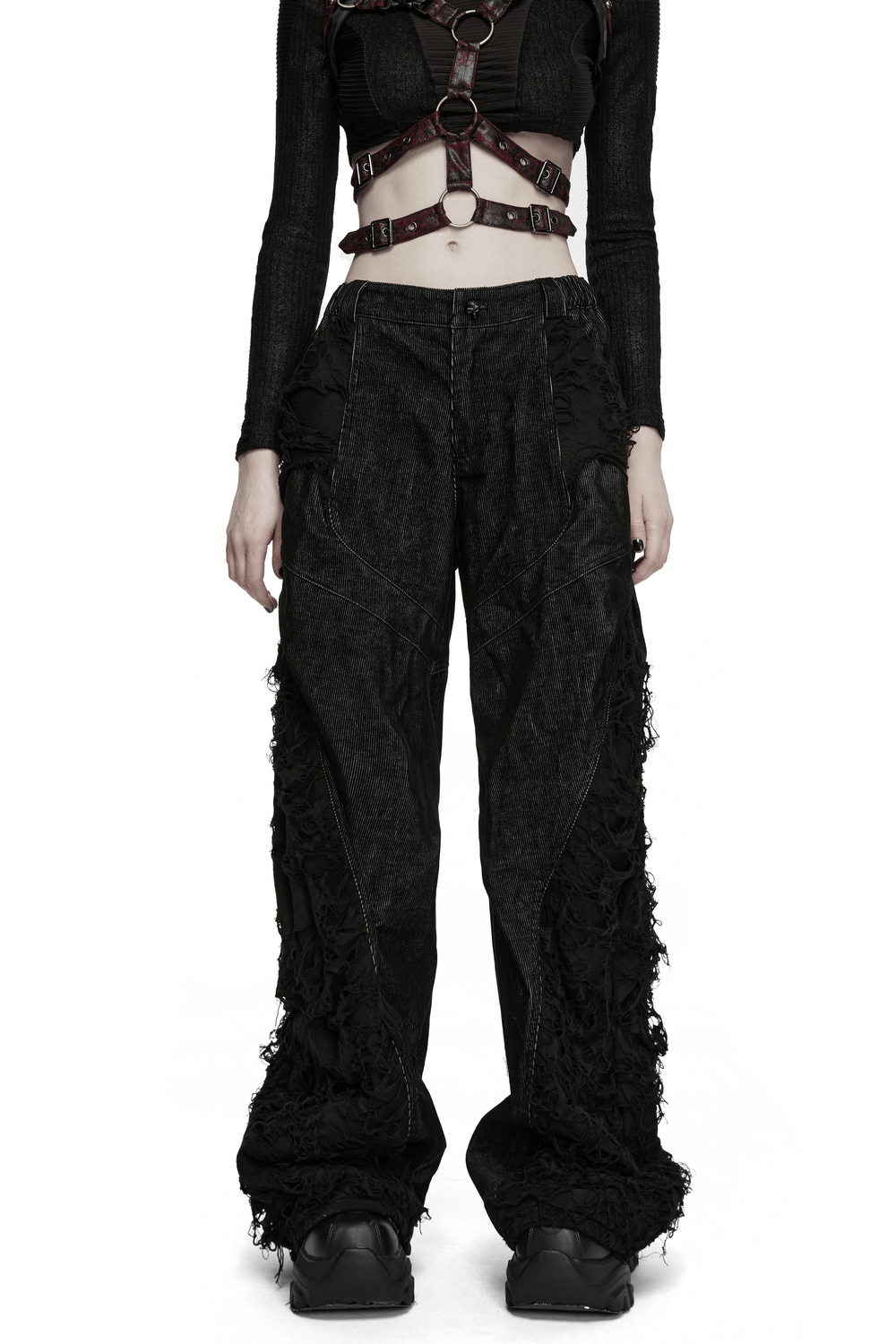 Punk Wide Leg Corduroy Pants with Shredded Mesh
