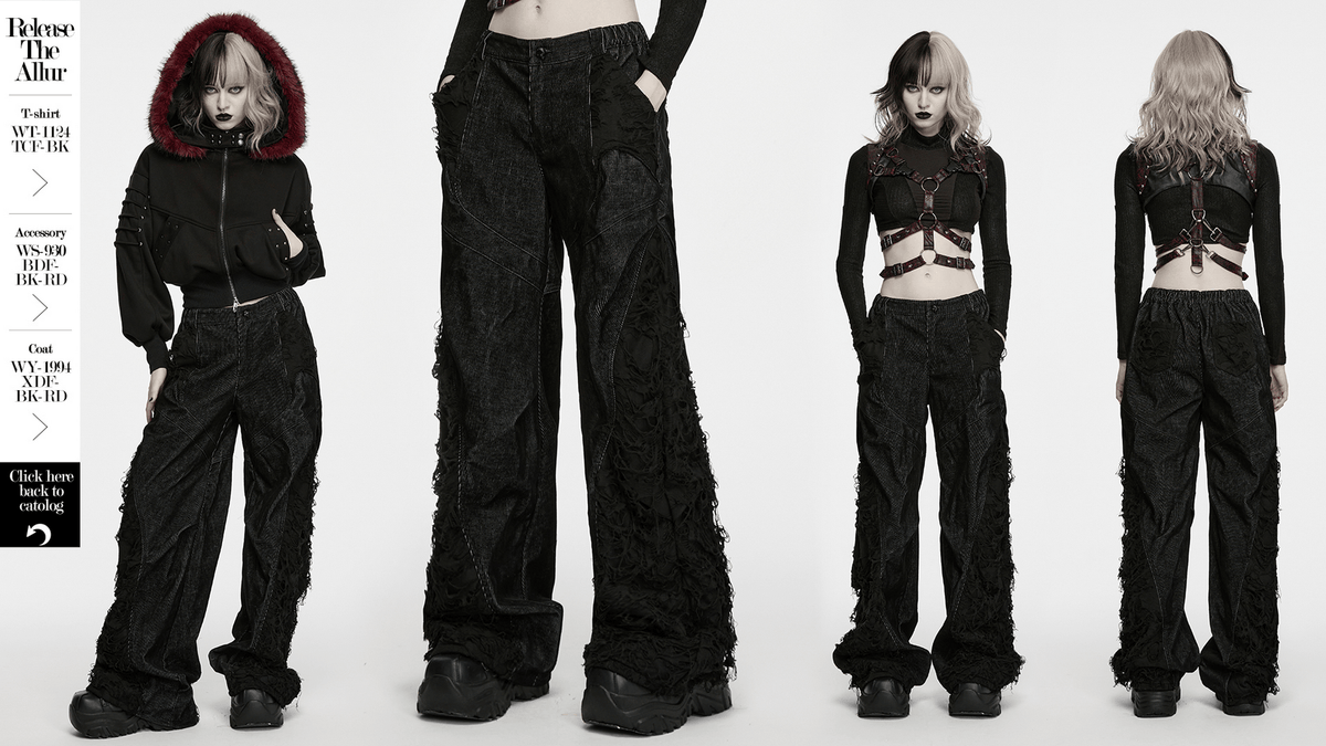 Punk Wide Leg Corduroy Pants with Shredded Mesh