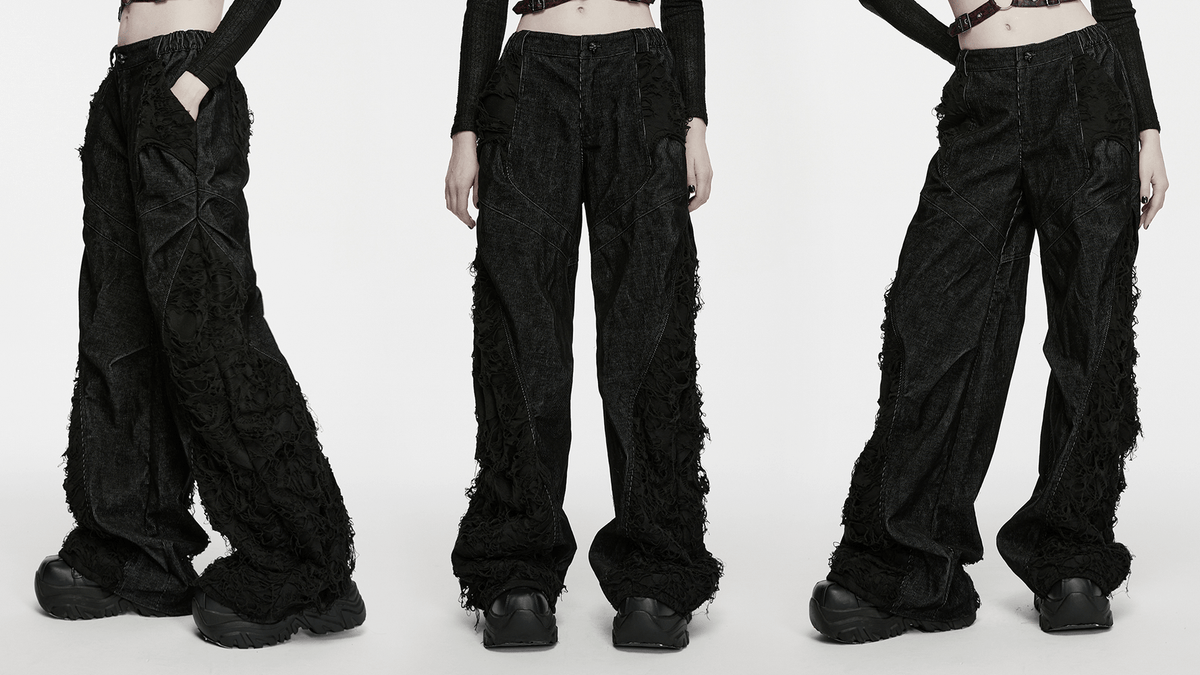 Punk Wide Leg Corduroy Pants with Shredded Mesh