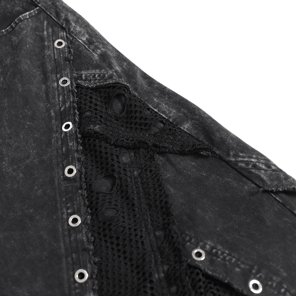 Punk Wide Leg Jeans with Distressed Mesh Panels