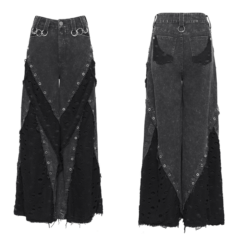 Punk Wide Leg Jeans with Distressed Mesh Panels