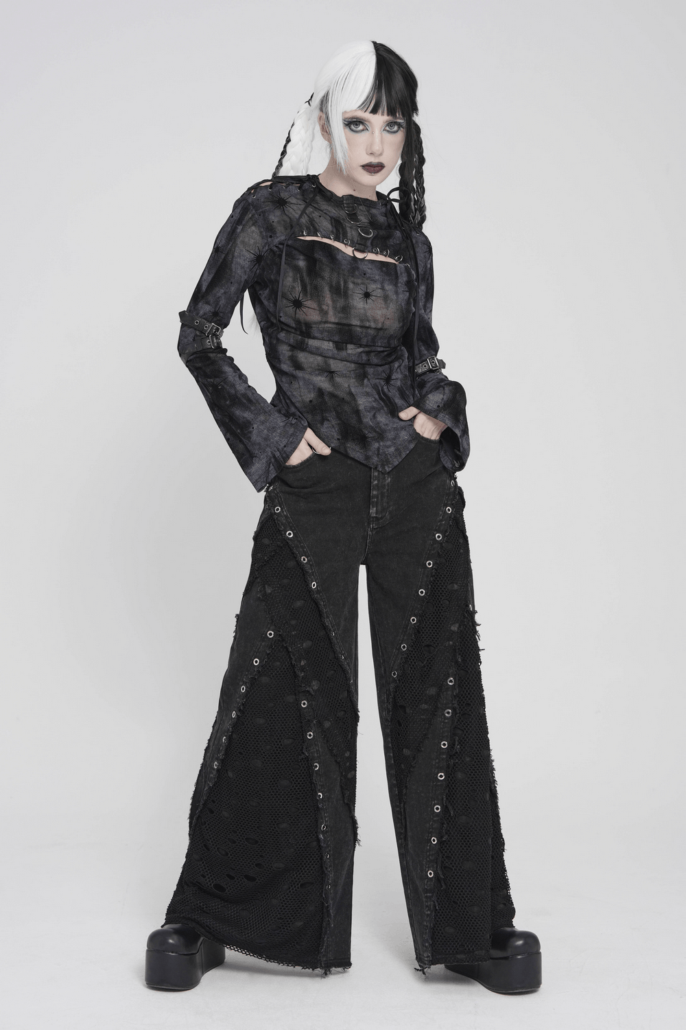 Punk Wide Leg Jeans with Distressed Mesh Panels