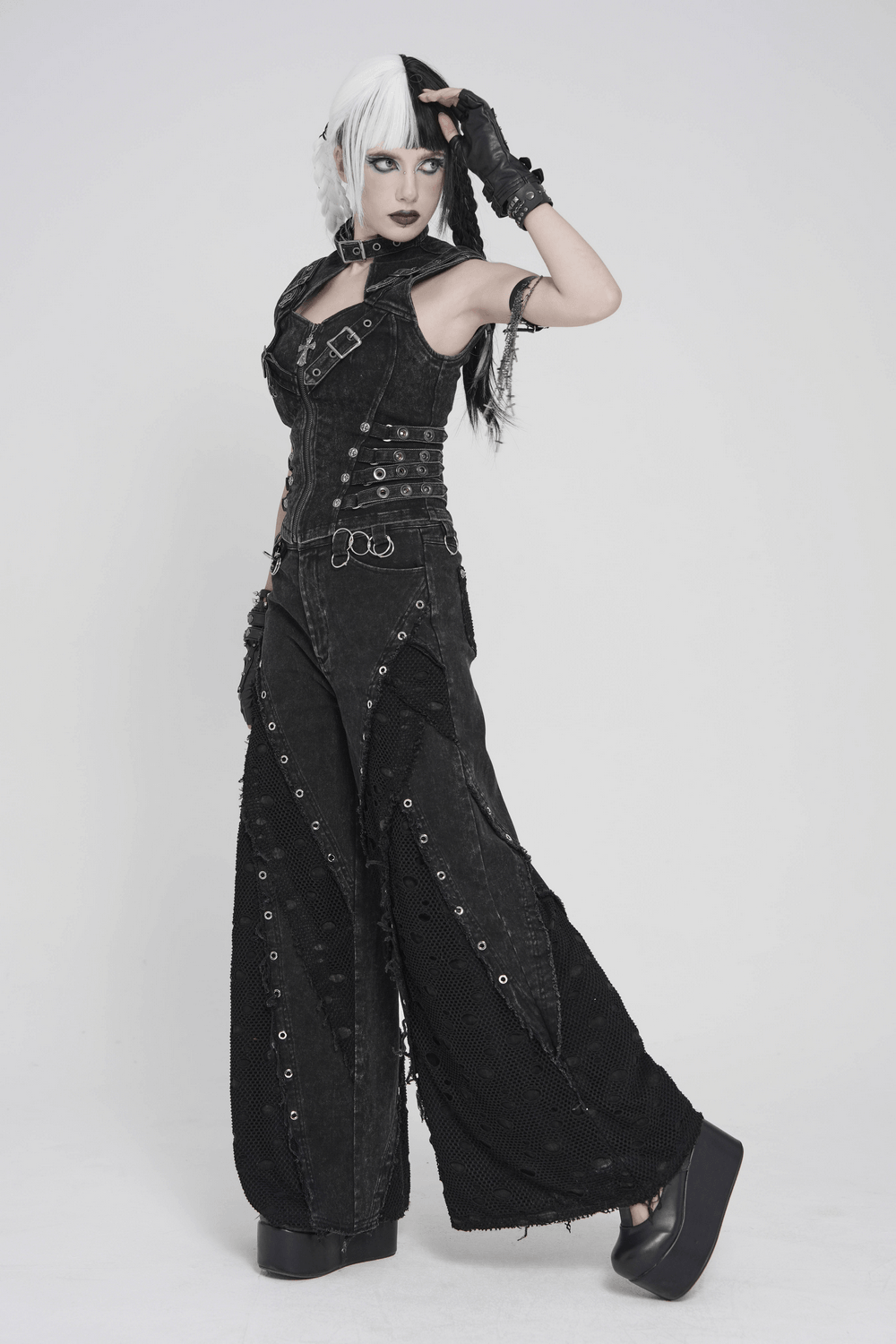 Punk Wide Leg Jeans with Distressed Mesh Panels
