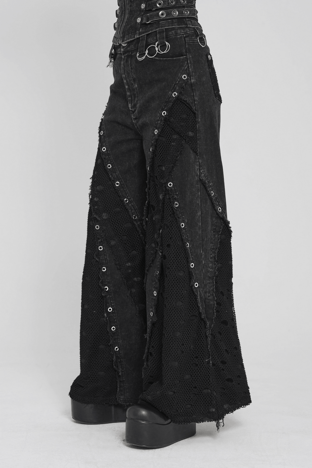 Punk Wide Leg Jeans with Distressed Mesh Panels
