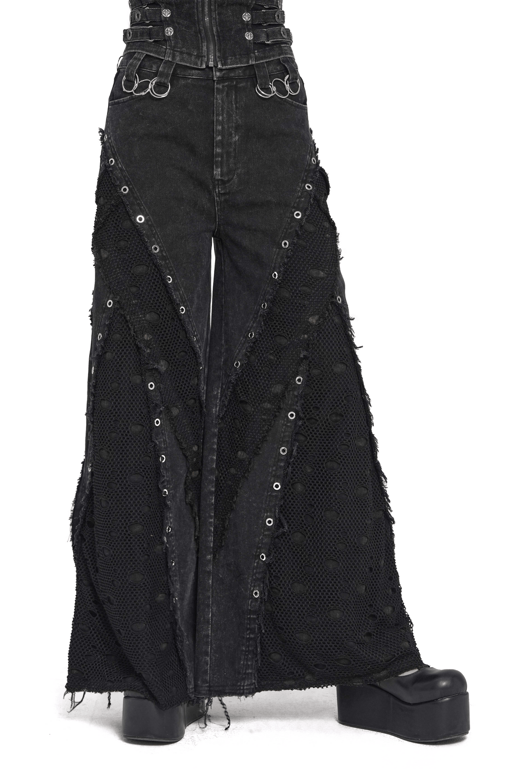 Punk Wide Leg Jeans with Distressed Mesh Panels