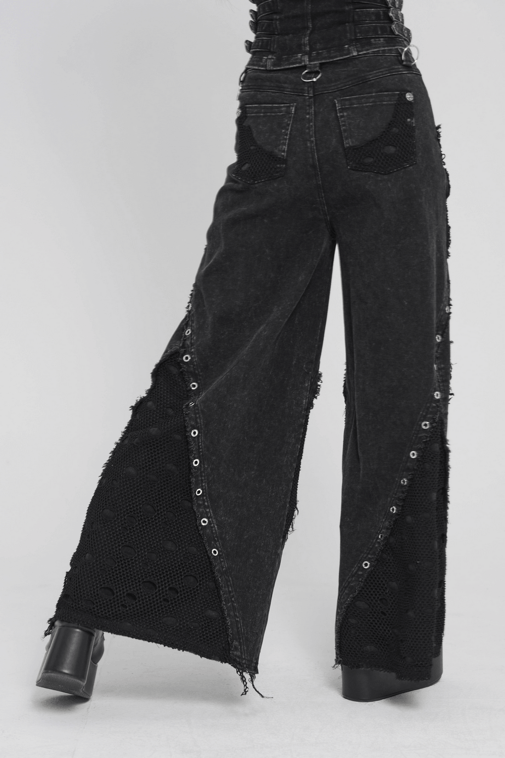 Punk Wide Leg Jeans with Distressed Mesh Panels