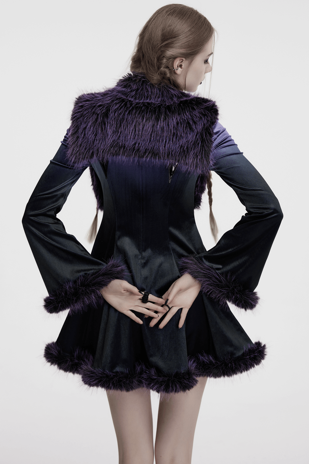 Purple Faux Fur Capelet with Horn Detail and Buttons