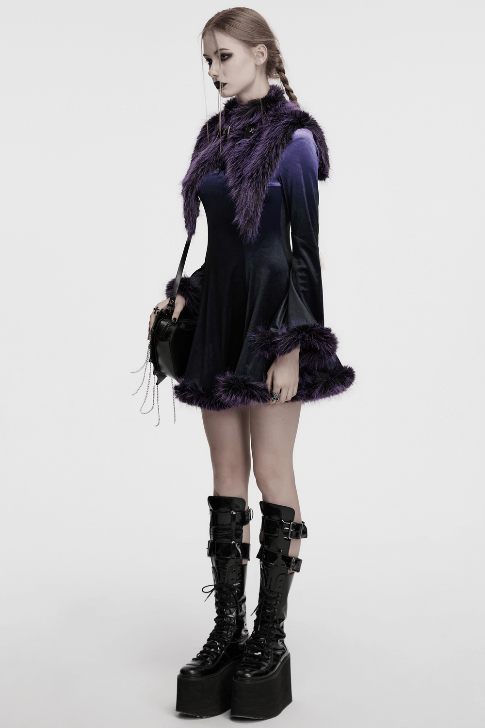 Purple Faux Fur Capelet with Horn Detail and Buttons