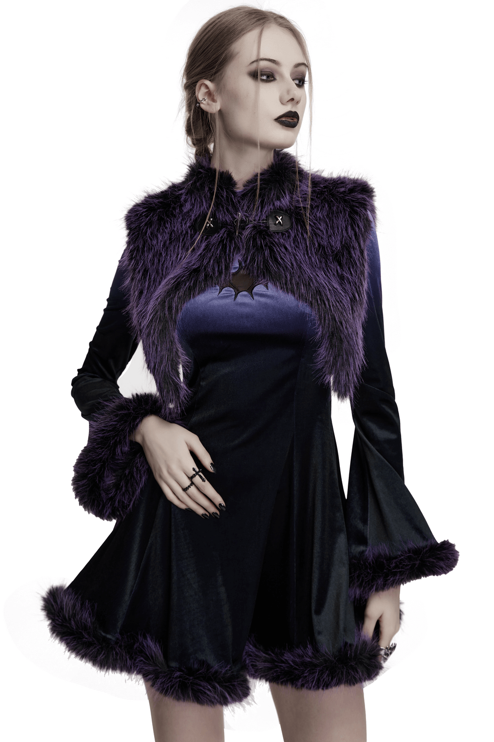 Purple Faux Fur Capelet with Horn Detail and Buttons