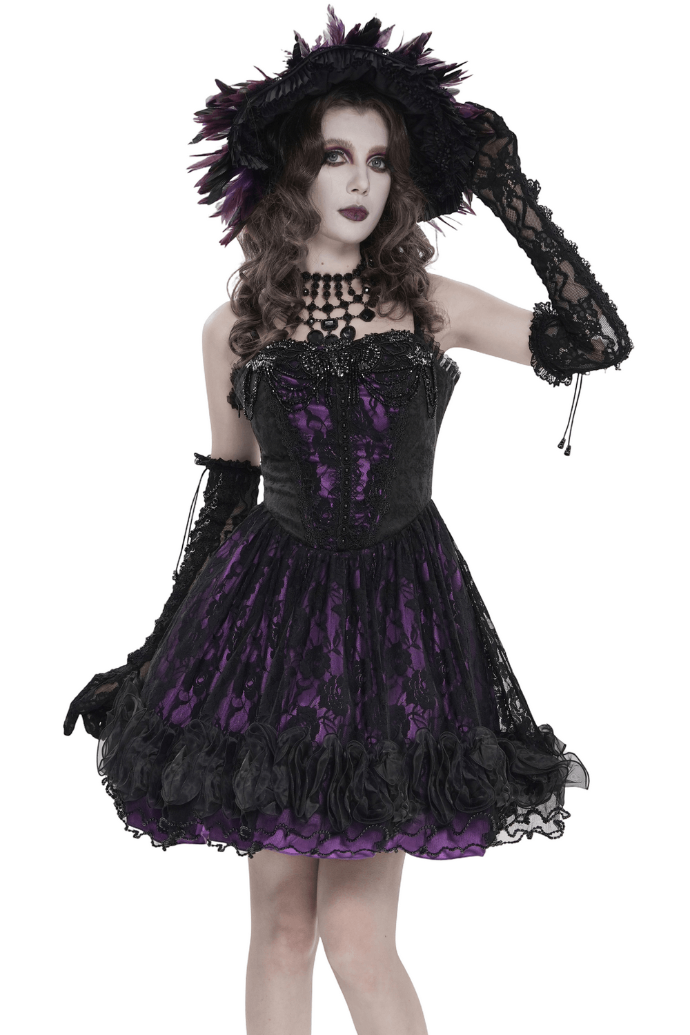Purple Gothic Lace Corset Mini Dress with Ruffles
