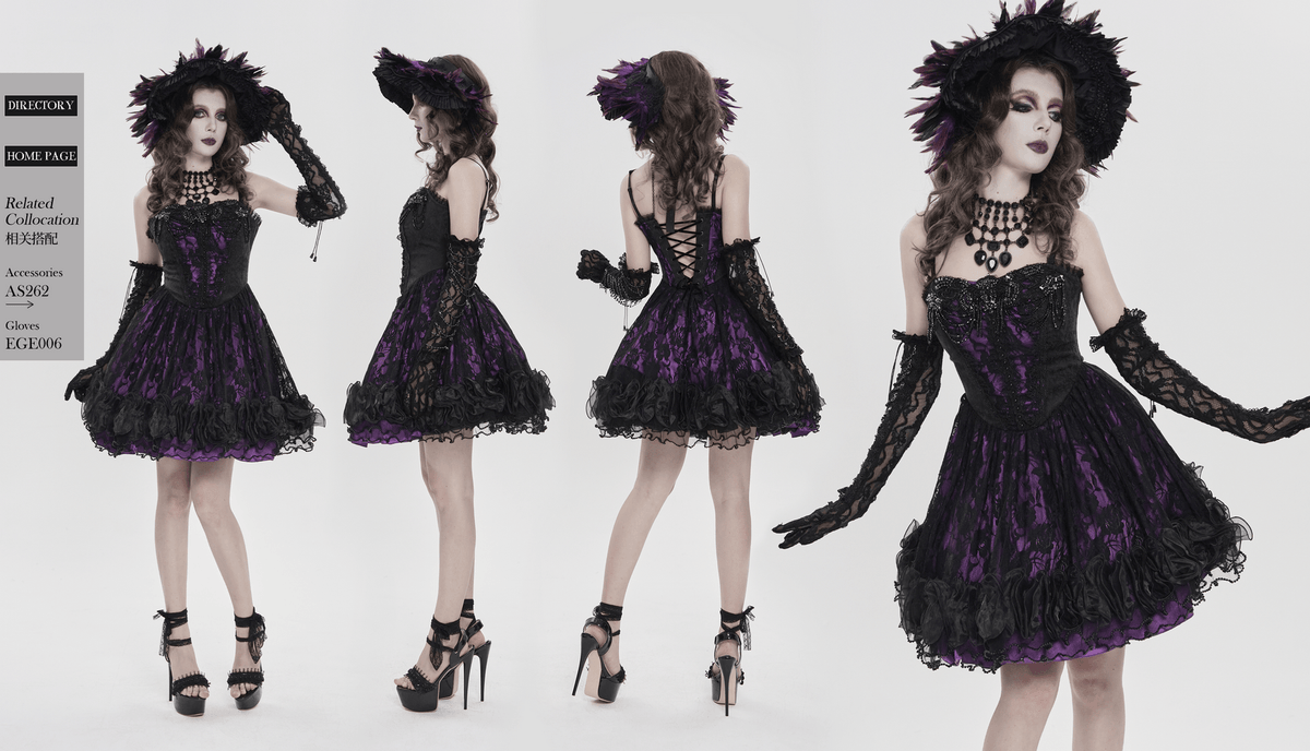 Purple Gothic Lace Corset Mini Dress with Ruffles