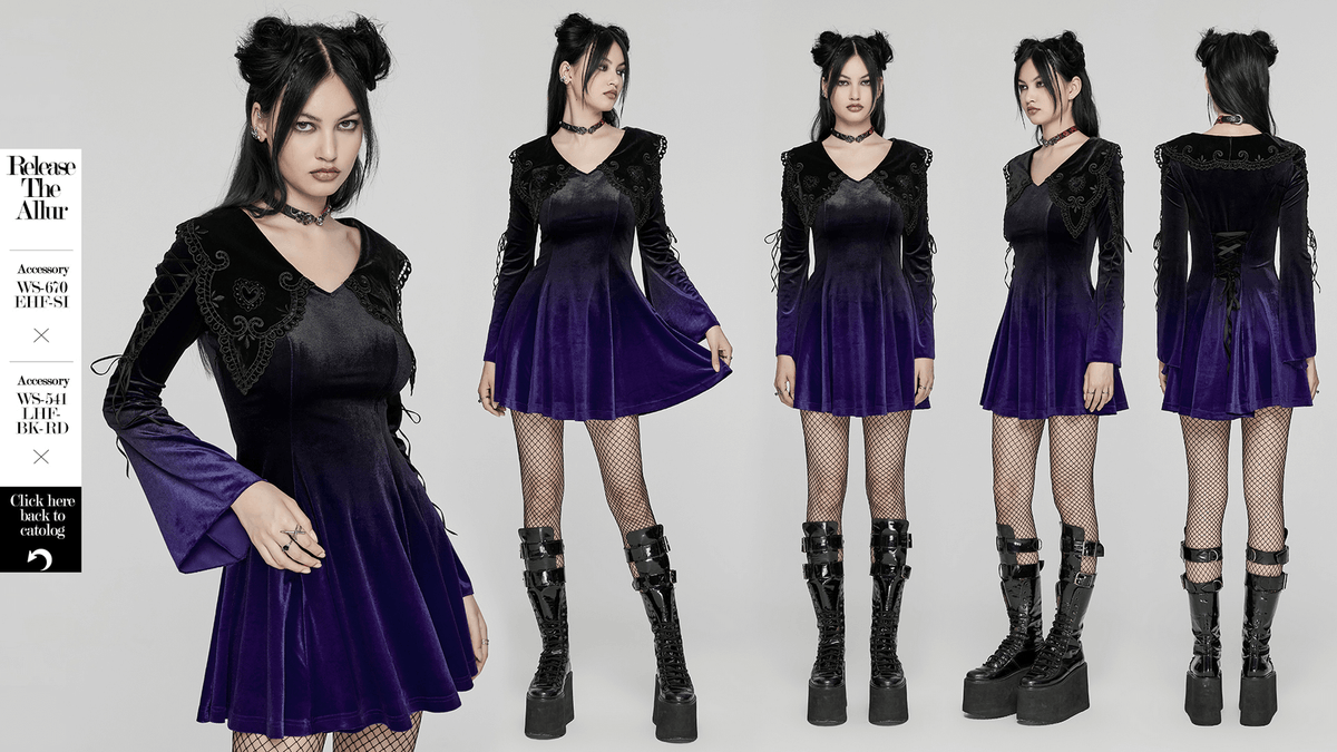 Purple Gradient Velvet Gothic Dress with Lace Details