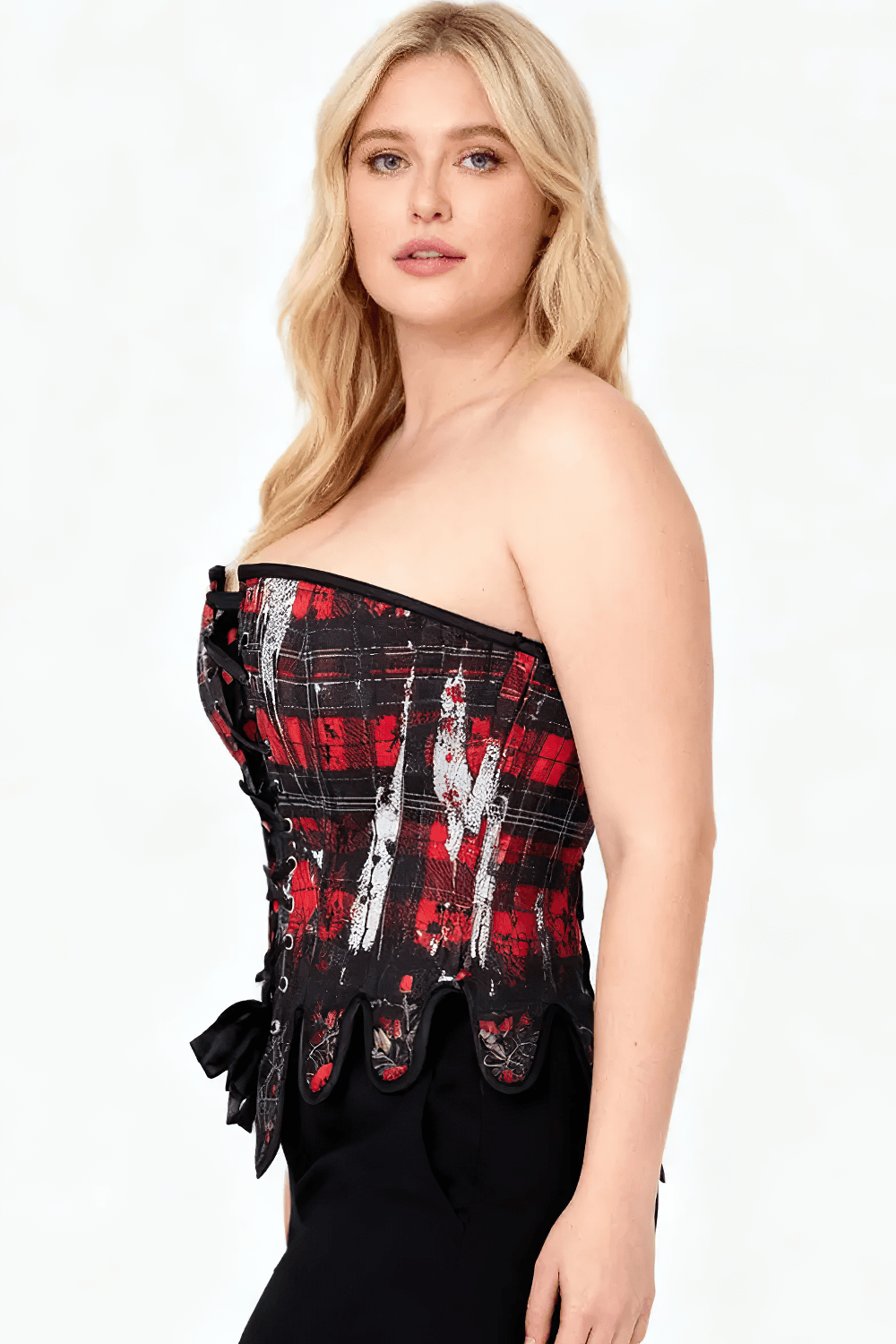 Red Black Tartan Gothic Overbust Corset with Plaid Rose Trim