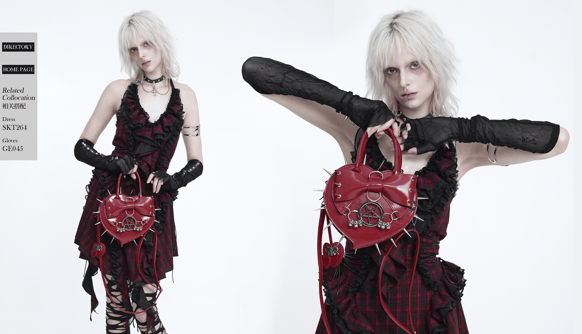 Red Gothic Heart Handbag with Spikes and Pentagram