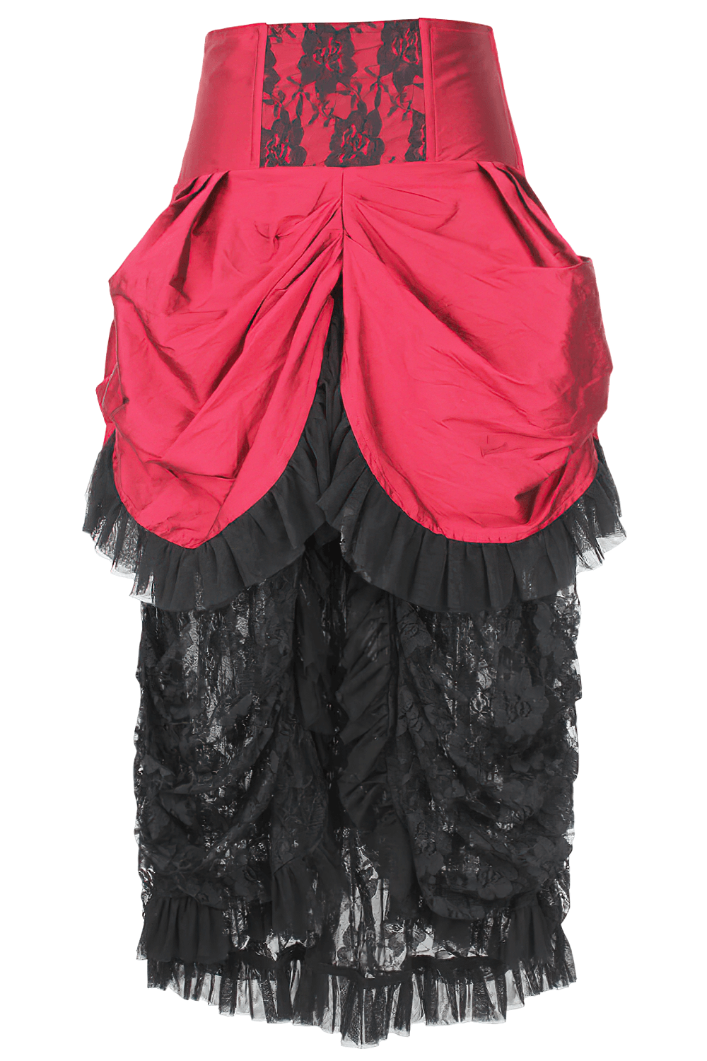US SALE of Red Victorian Bustle Skirt with Black Lace and Taffeta