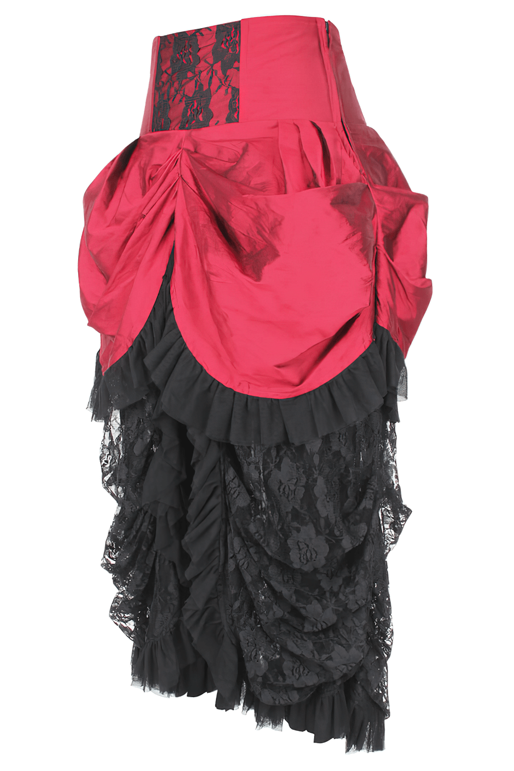 US SALE of Red Victorian Bustle Skirt with Black Lace and Taffeta