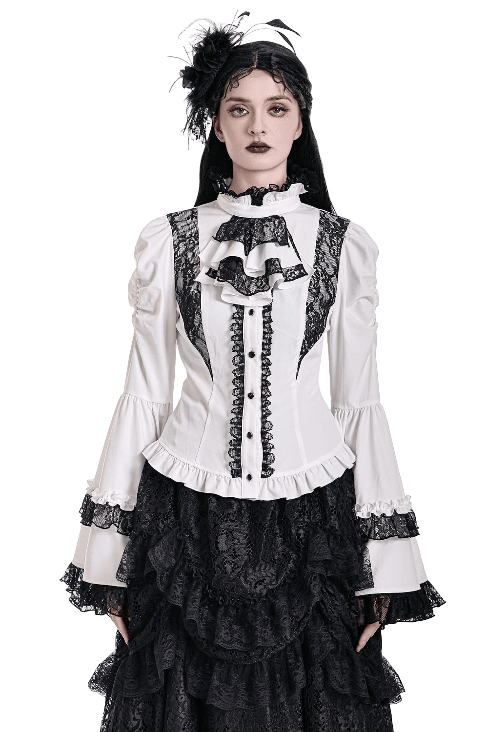 Romantic Corset Lace-Up Shirt with High Neck and Jabot Trim