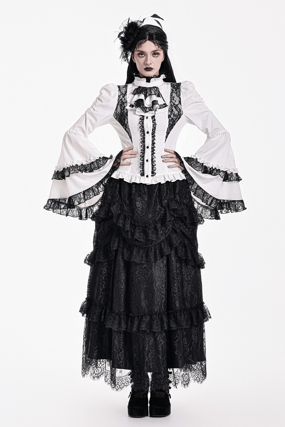 Romantic Corset Lace-Up Shirt with High Neck and Jabot Trim