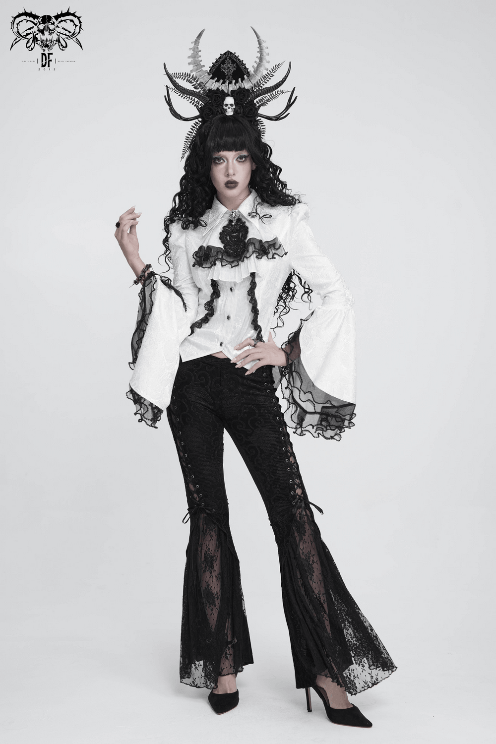 Romantic Gothic Blouse with Flared Lace Sleeves