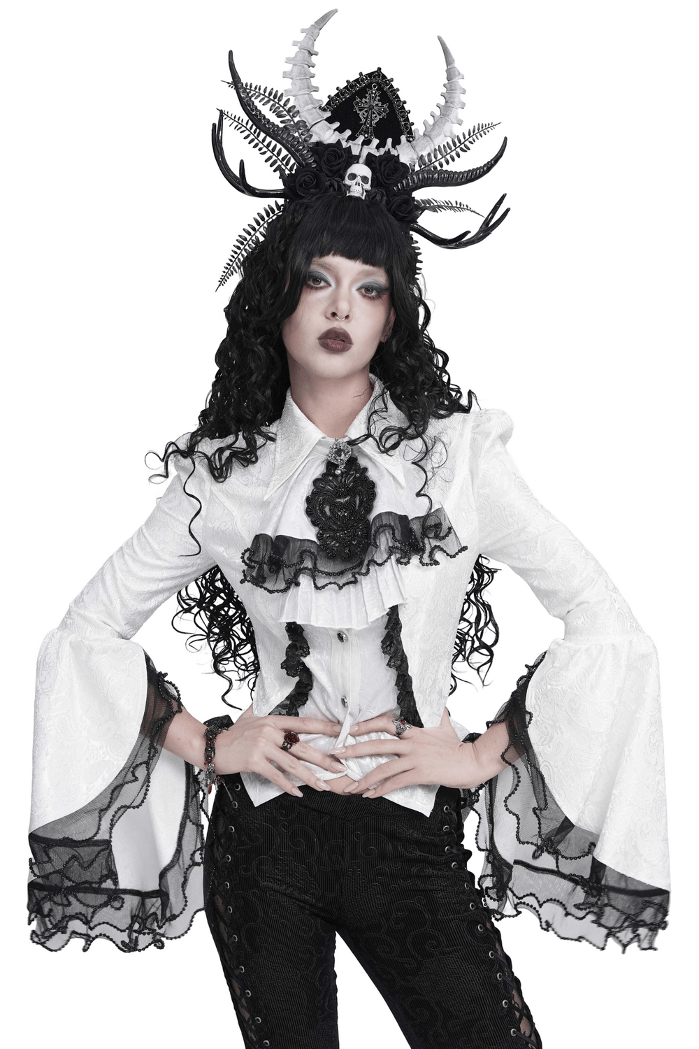 Romantic Gothic Blouse with Flared Lace Sleeves