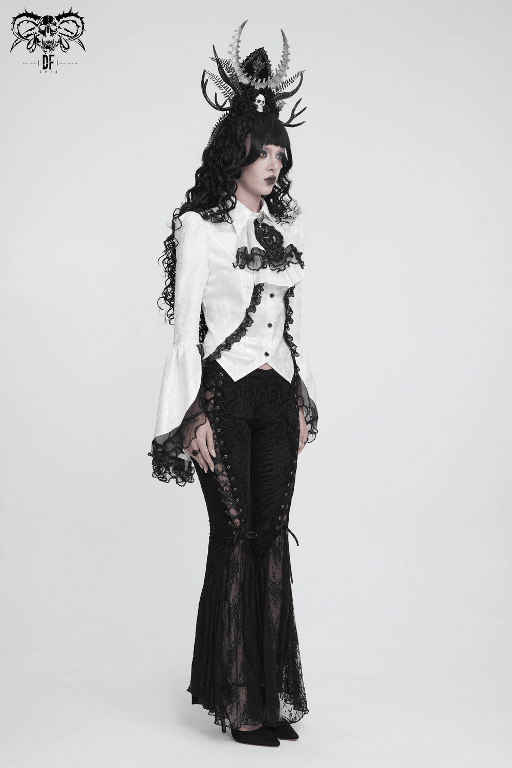 Romantic Gothic Blouse with Flared Lace Sleeves