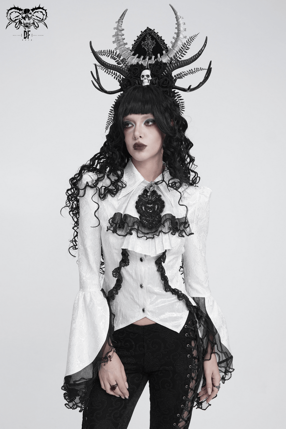 Romantic Gothic Blouse with Flared Lace Sleeves