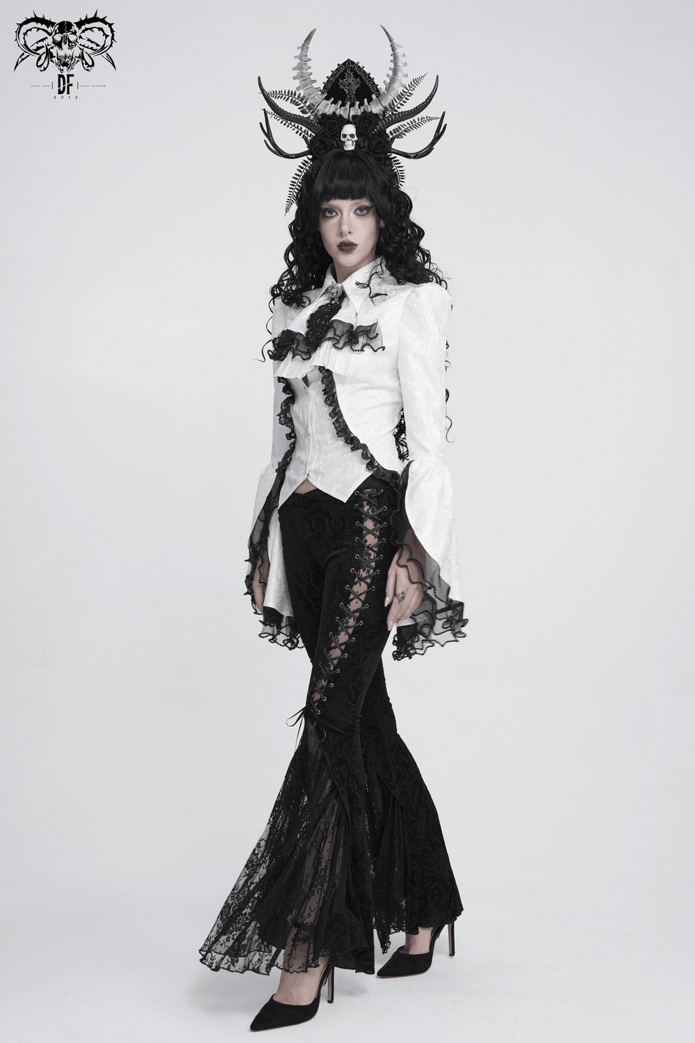 Romantic Gothic Blouse with Flared Lace Sleeves
