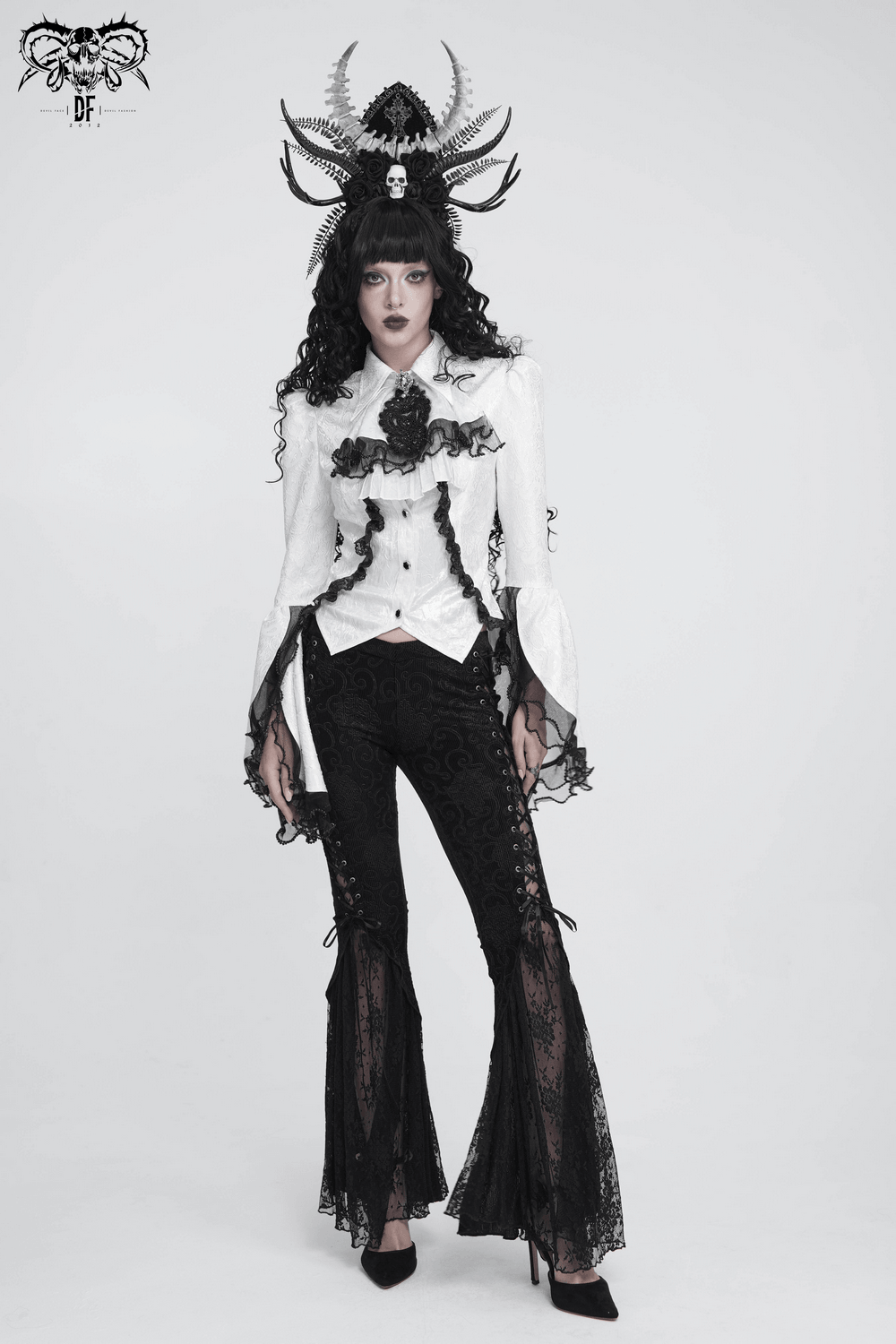 Romantic Gothic Blouse with Flared Lace Sleeves