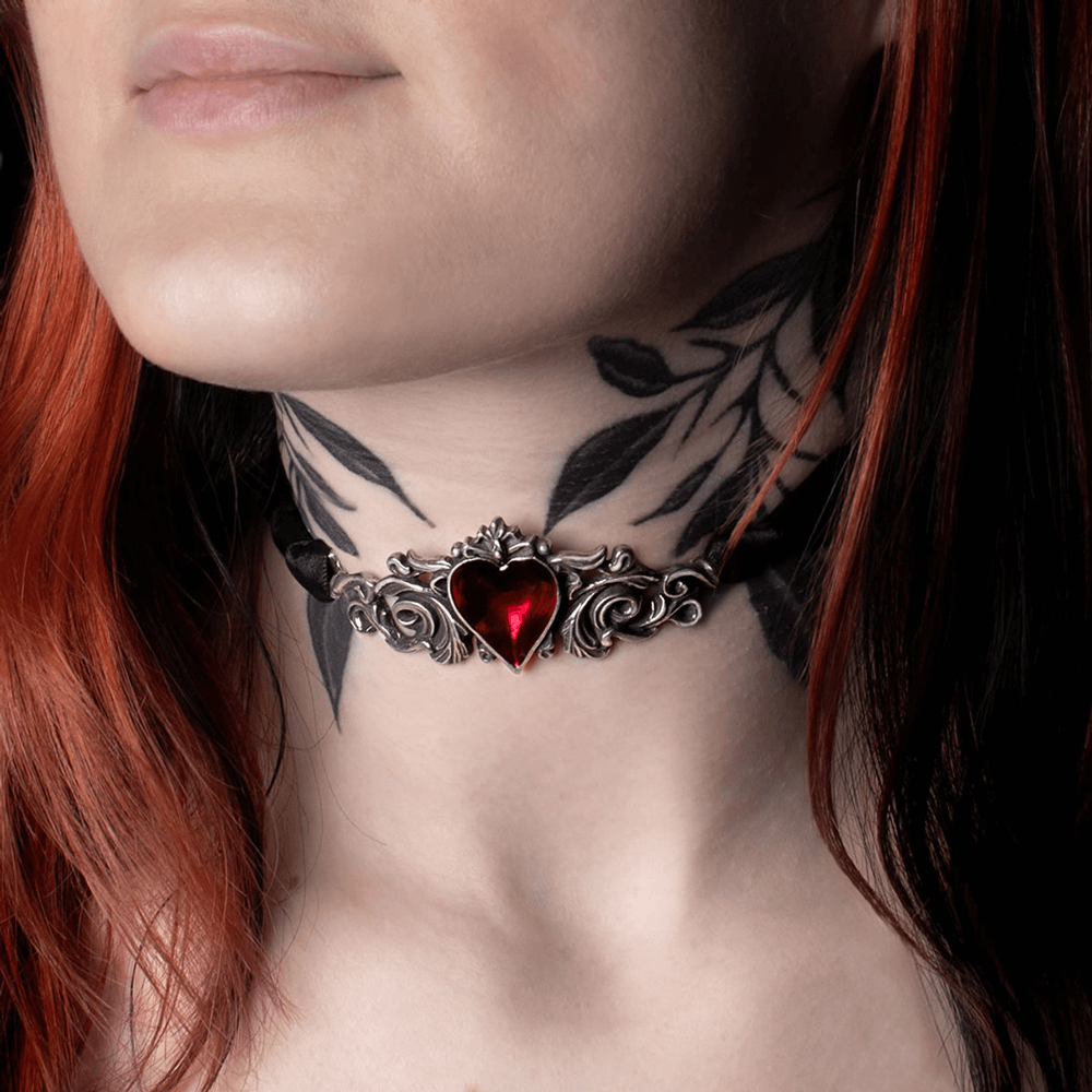 Romantic Gothic Choker with Red Heart Pendant