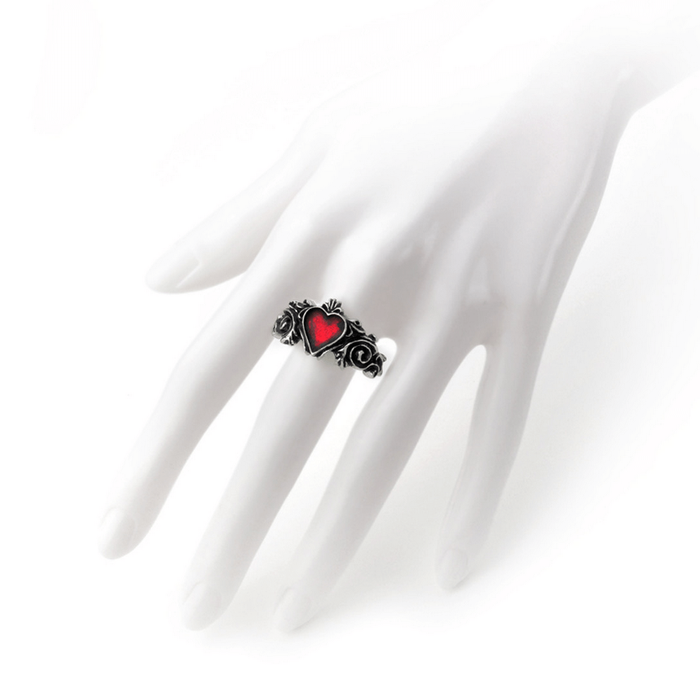 Romantic Gothic Ring with Red Heart and Floral Design
