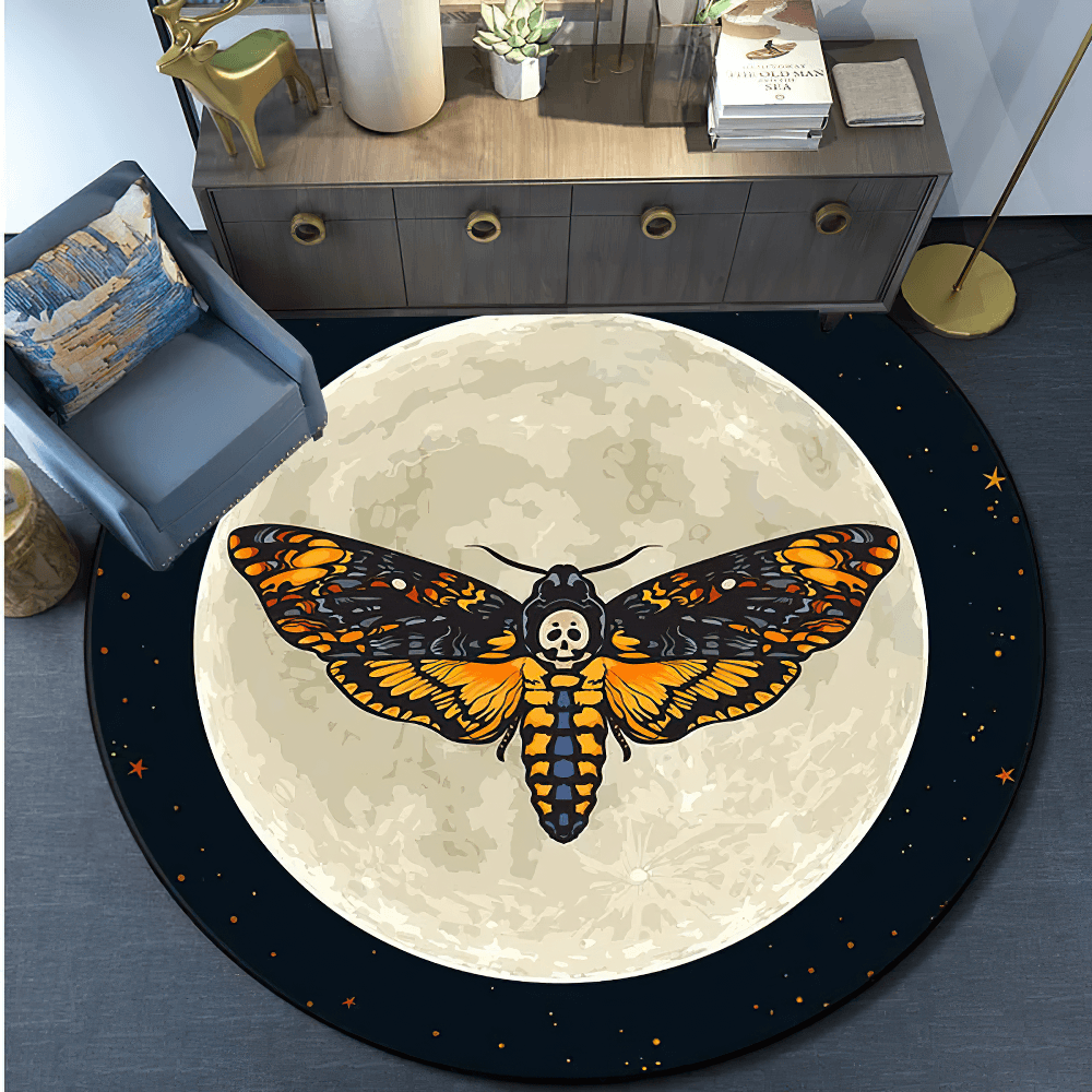 Round Gothic Death Moth Rug for Dark Room Decor