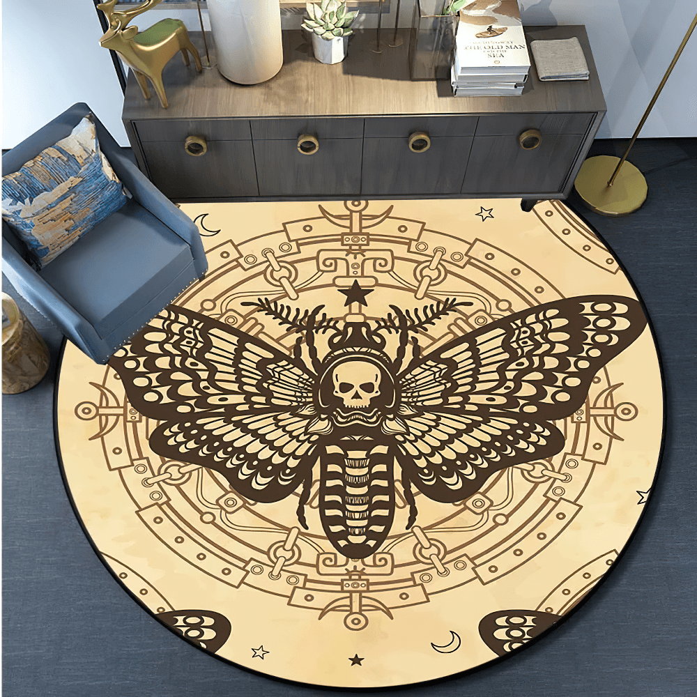 Round Gothic Death Moth Rug for Dark Room Decor