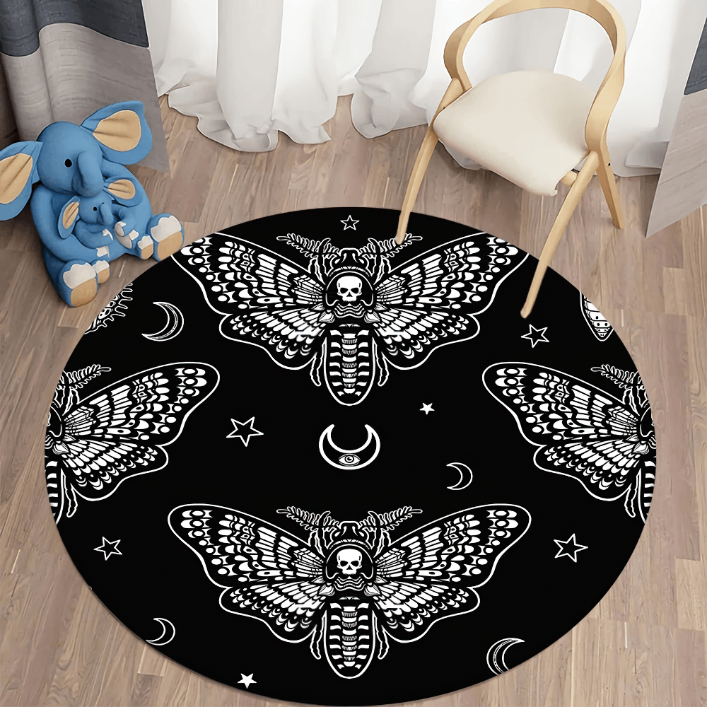 Round Gothic Death Moth Rug for Dark Room Decor