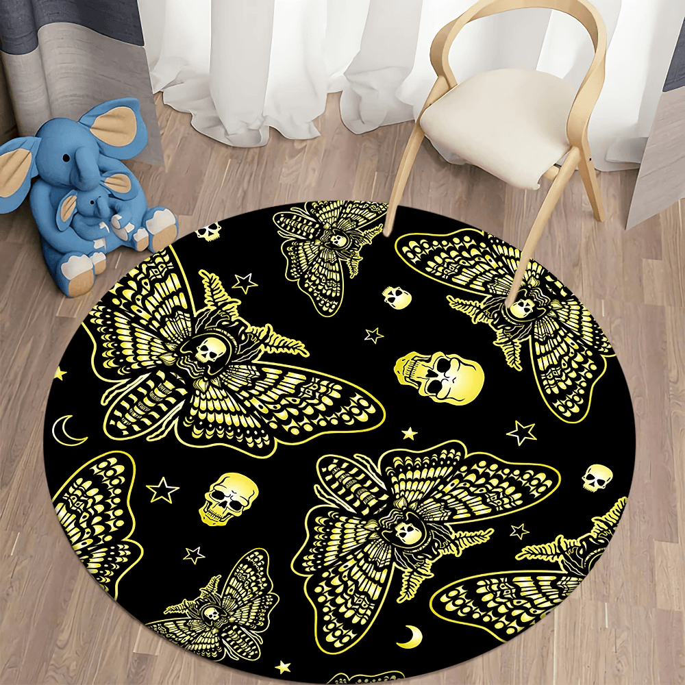 Round Gothic Death Moth Rug for Dark Room Decor